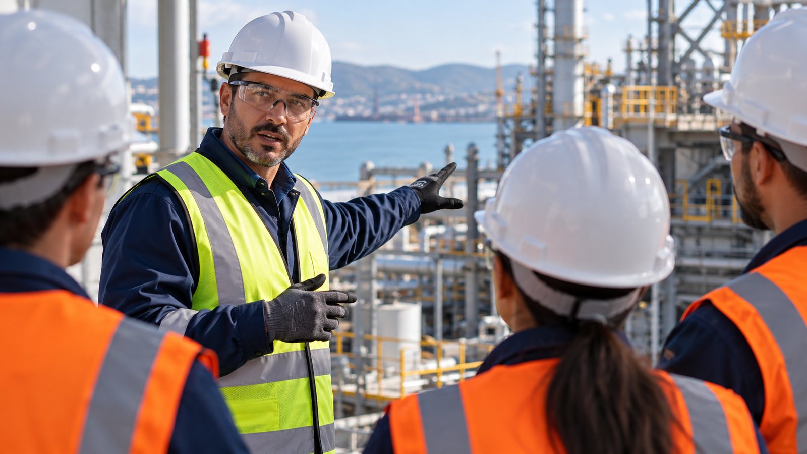 Briefing de sécurité et formation QHSE sur un site industriel